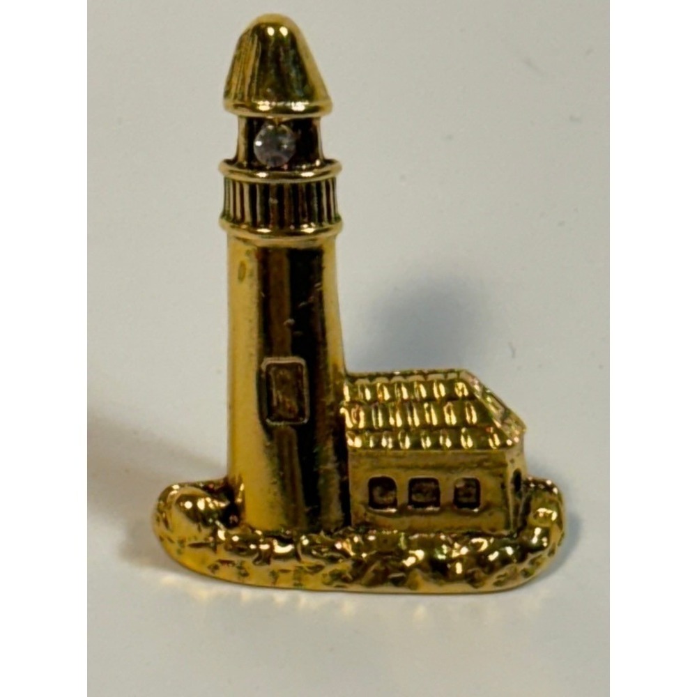 Lighthouse Pin Brooch Gold Tone‎ Rhinestone Nautical Coastal Camco Signed